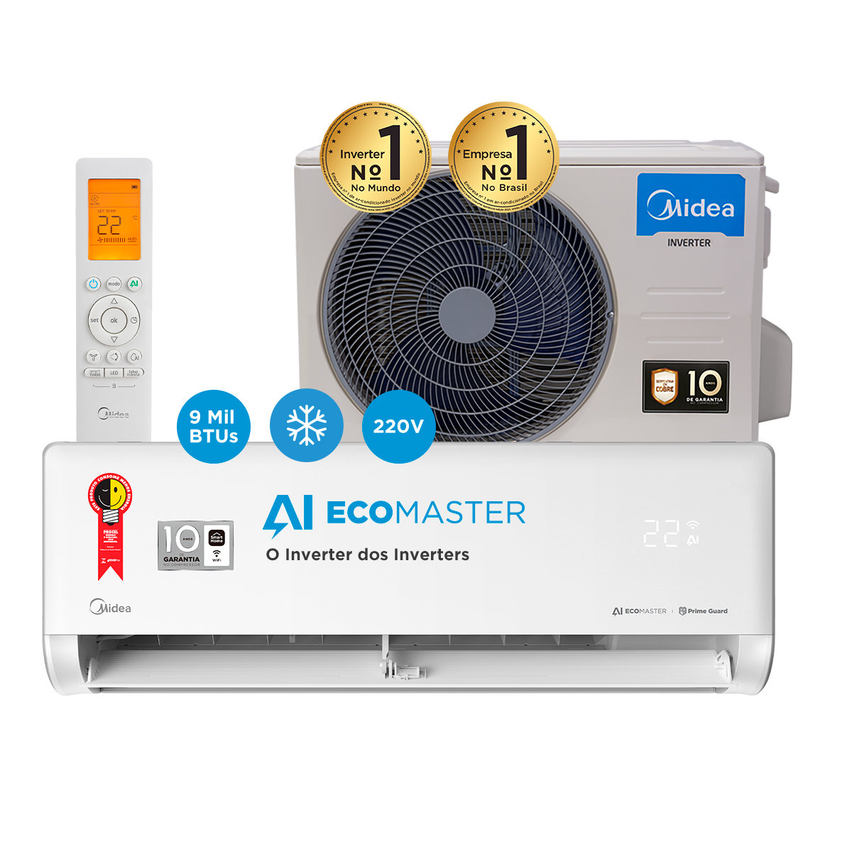 Ar Condicionado 12.000 Btus Split Hw Inverter Midea AI Ecomaster Frio R-32 42EZVCA12M5/38EZVCA12M5 - 220v